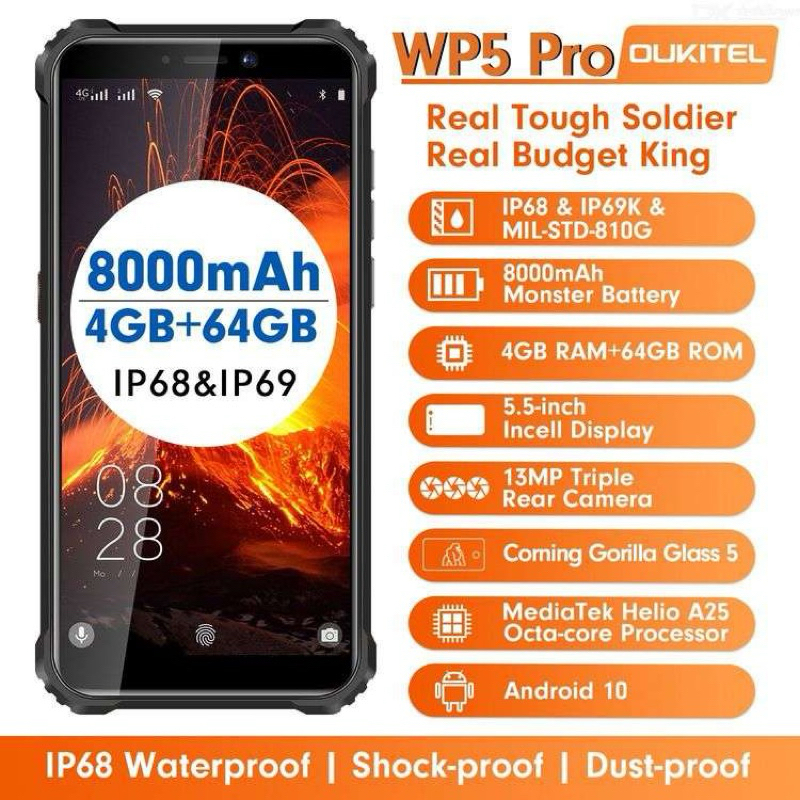 Oukitel WP5 PRO 5,45 inch 4 + 64G 6762D 1,8ghz,4G chống nước 4GB + 64GB Android 10.0 với 4 camera Pin 8000mAh