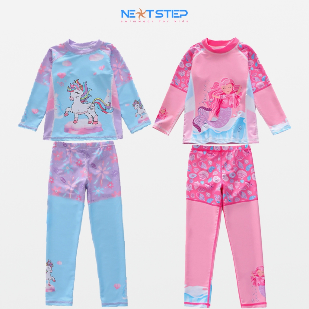 Đồ bơi bé gái, tay dài quần dài chống nắng, chất vải mềm mại, họa tiết Nàng tiên cá phù hợp cho bé từ 14kg – 34 kg