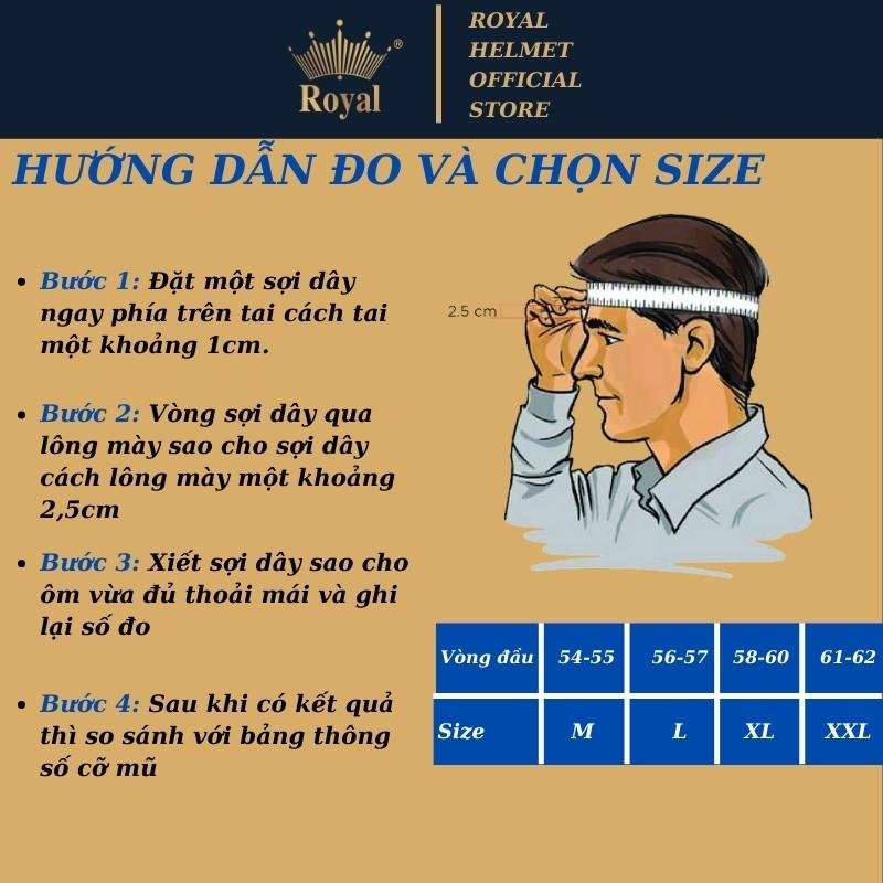 Mũ bảo hiểm 3/4 Royal M139 kính âm màu kem sữa bóng chính hãng bảo hành 12 tháng
