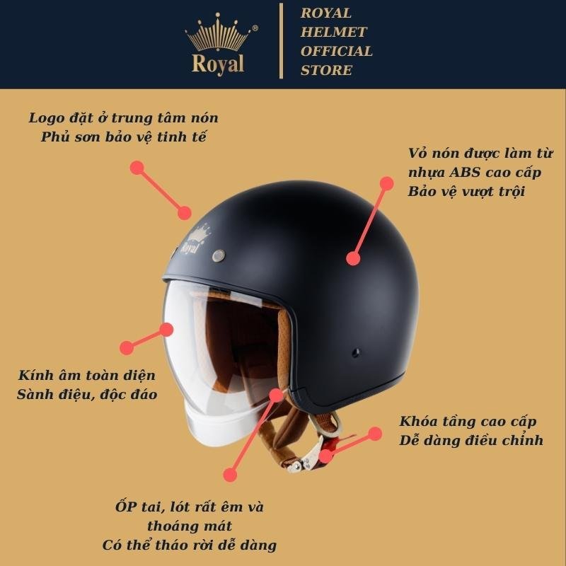 Mũ bảo hiểm 3/4 Royal M139 kính âm màu kem sữa bóng chính hãng bảo hành 12 tháng