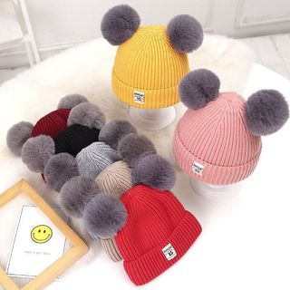 Mũ len có hai quả bông cho con, nón len ấm áp cho con- Mũ Len Cho Bé Trai Bé Gái 6-24 MS21