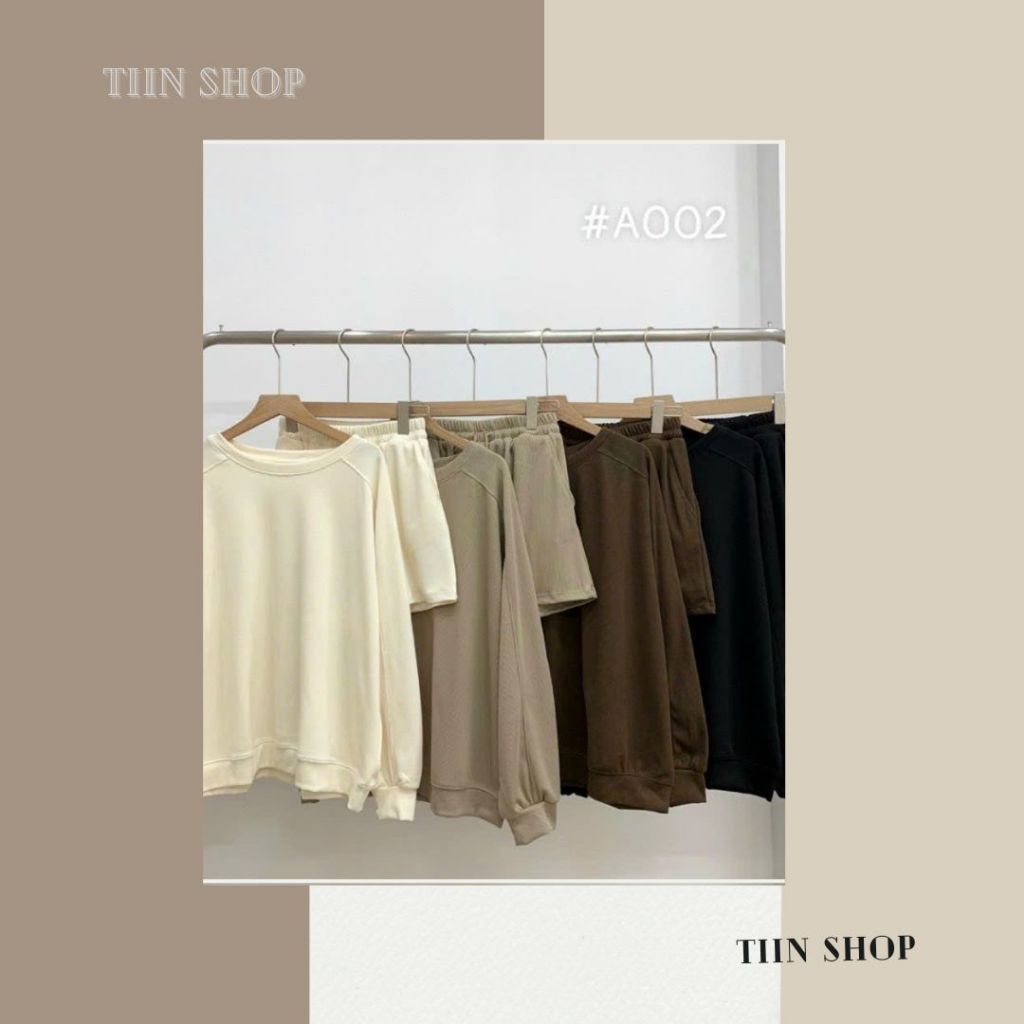 Bộ nỉ tăm trơn áo sweater dài tay bo gấu cổ tròn mix quần short form rộng cá tính freesize Style Hàn Quốc