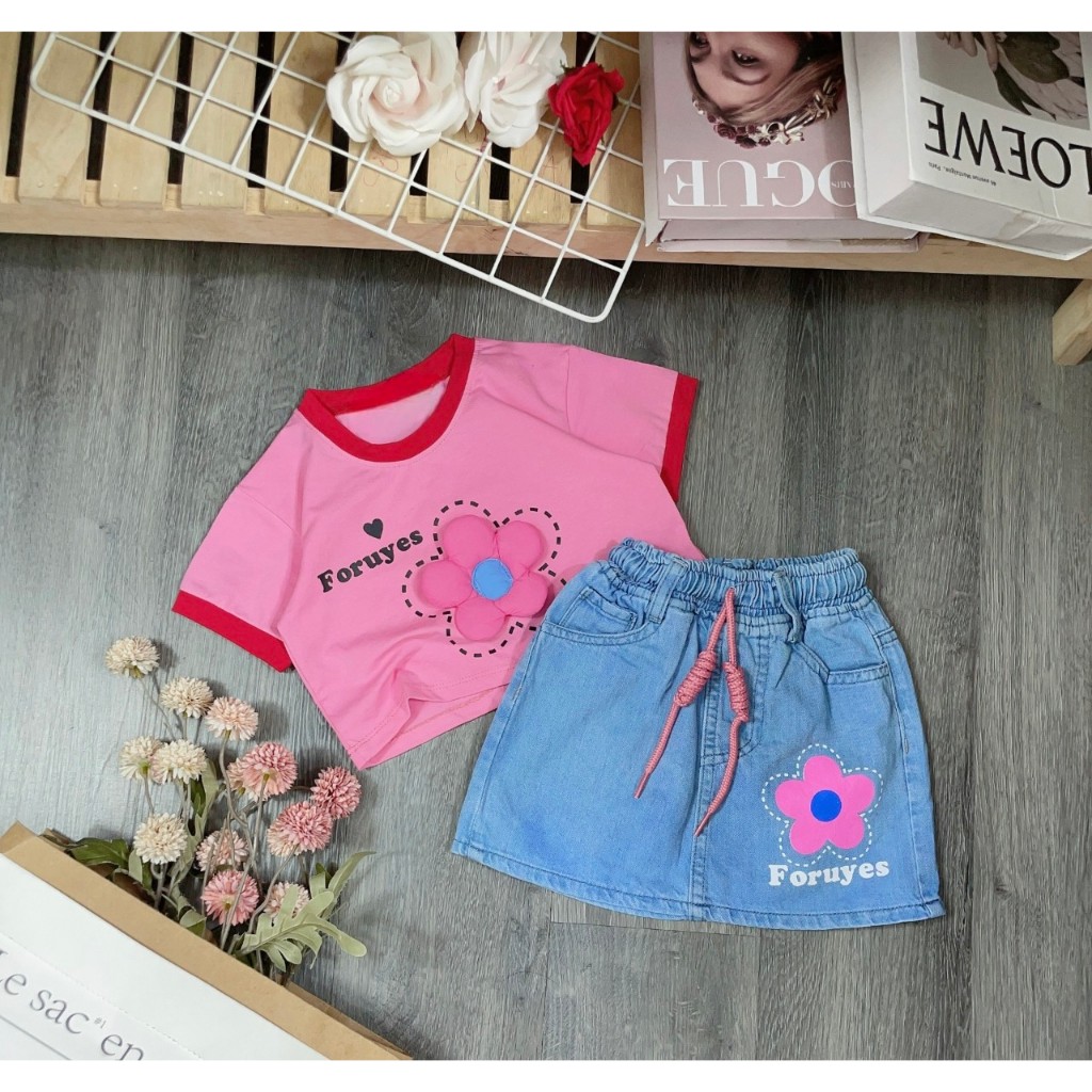 set váy bé gái 1 tuổi - 15 tuổi nặng từ 10kg - 50kg áo thun cotton chính phẩm chân váy Jean mềm kềm chip