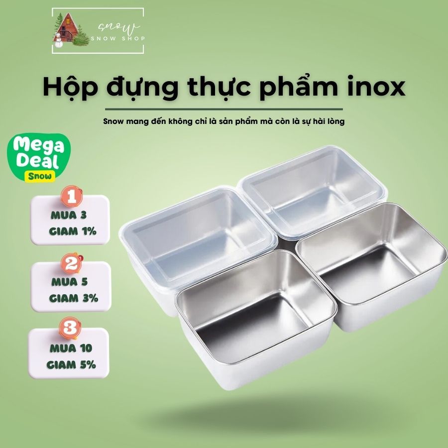Hộp đựng thực phẩm tủ lạnh, set 5 hộp đựng bảo quản thực phẩm kèm nắp nhựa chất liệu inox 304 dùng được cho lò vi sóng