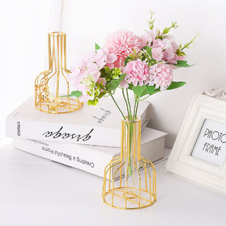 Lọ cắm hoa nghệ thuật khung sắt dáng bầu LOHS2 màu đen vàng đồng lõi thuỷ tinh bình cắm hoa khô