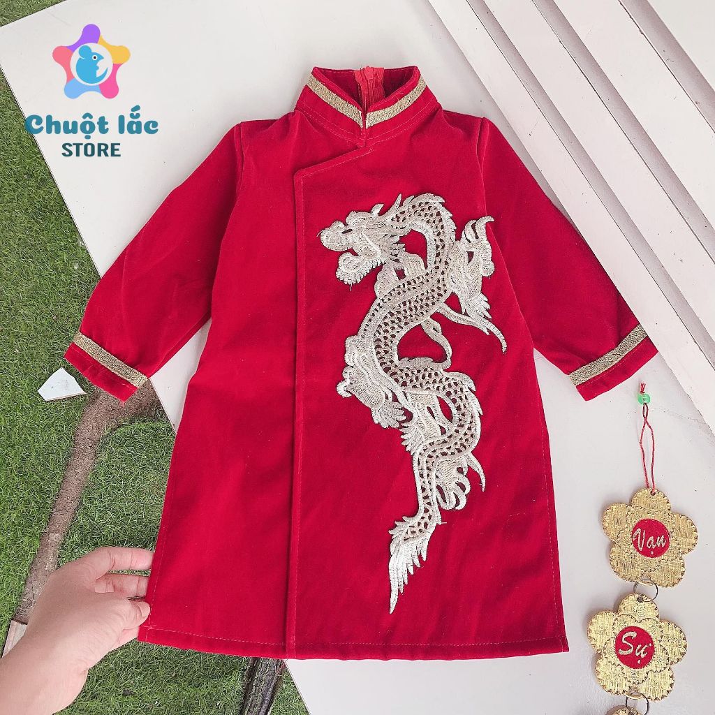 Áo Dài Cách Tân Cho Bé Trai Thêu Hình Rồng Vải Nhung Từ 8kg Đến 28kg