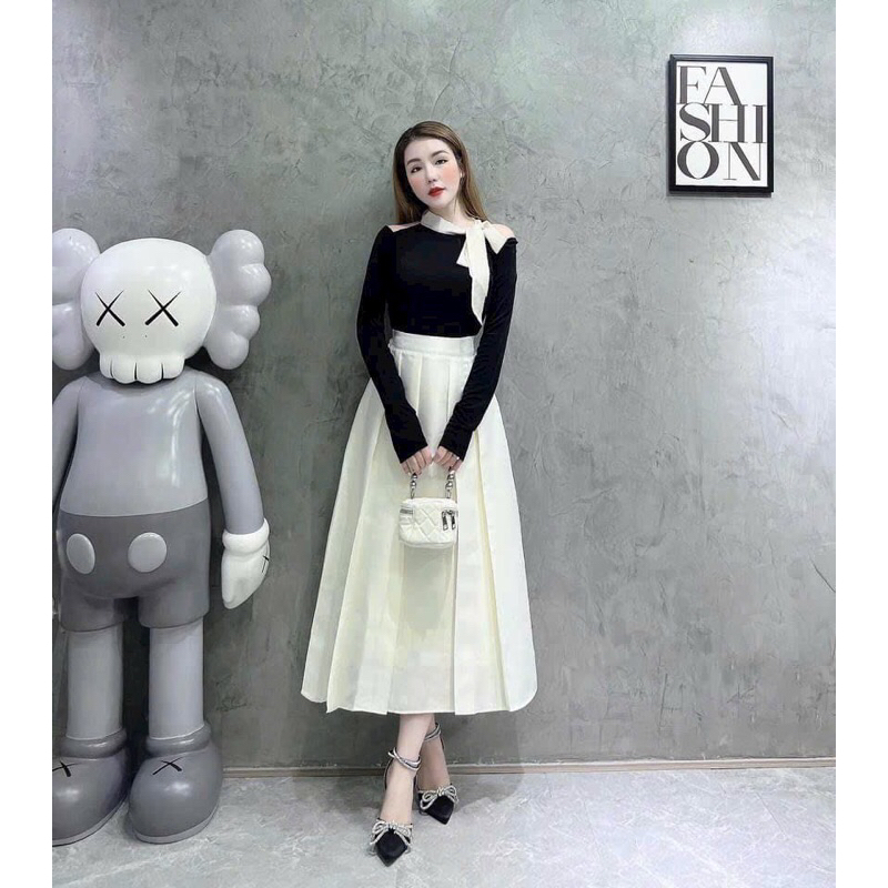 Sét Áo Gân tay dài nơ kèm chân váy cotton lạnh dáng xòe xếp ly sang trọng