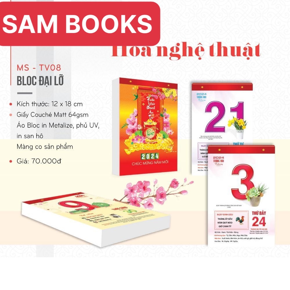 Lịch bloc 2024 Lịch xé đủ cỡ bloc đại, đại lỡ, trung màu tặng kèm lì xì