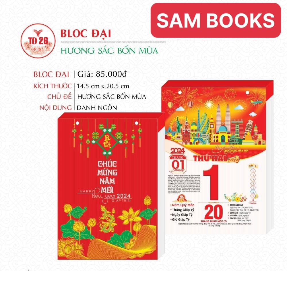 Lịch bloc 2024 Lịch xé đủ cỡ bloc đại, đại lỡ, trung màu tặng kèm lì xì