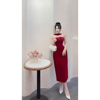 Đầm nhưng cứng thời trang nữ mặc tôn dáng phối lông vũ 2 màu đỏ đen