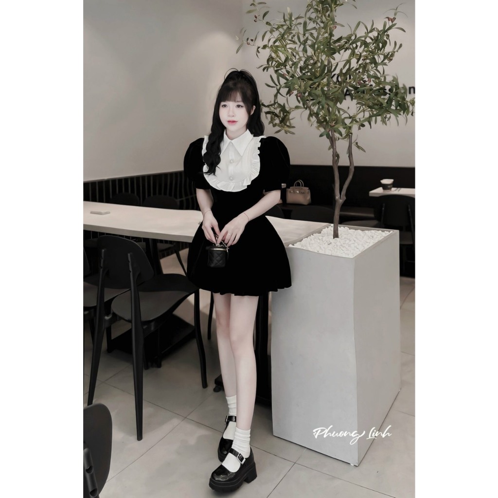 Váy Nhung Phối Cổ Bèo Trắng Kèm Nơ Siêu Xinh, Chuẩn hàng QC Loại 1, Tặng Quà Kèm Theo