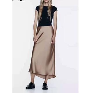 chân váy Zara made in Morocco đủ tag lụa be nâu sang đẹp