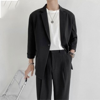 Áo Vest Nam Blazer Nam 2 Lớp Form Rộng Dáng Dài Có Độn Vai Phong Cách Hàn Quốc