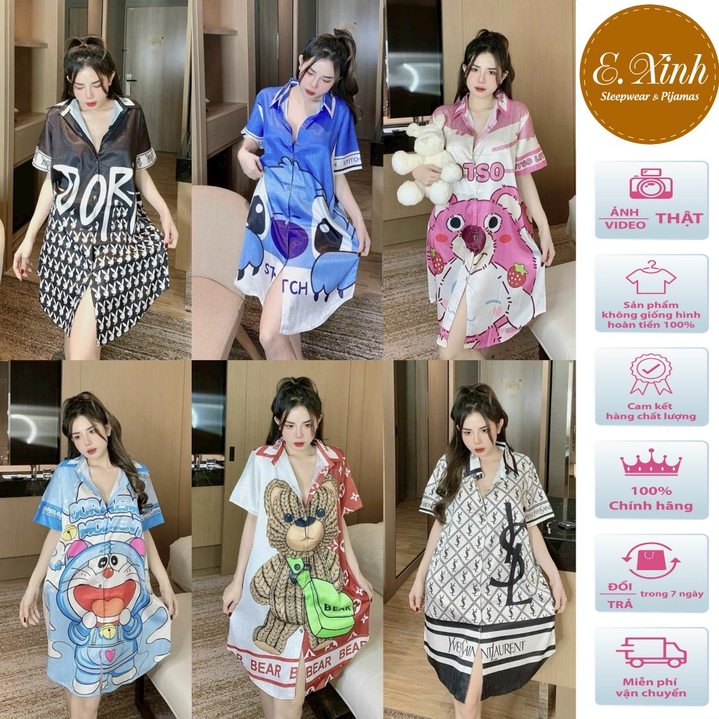 Váy ngủ sơmi dài lụa Mango mềm mịn - Đầm ngủ nữ sơ mi