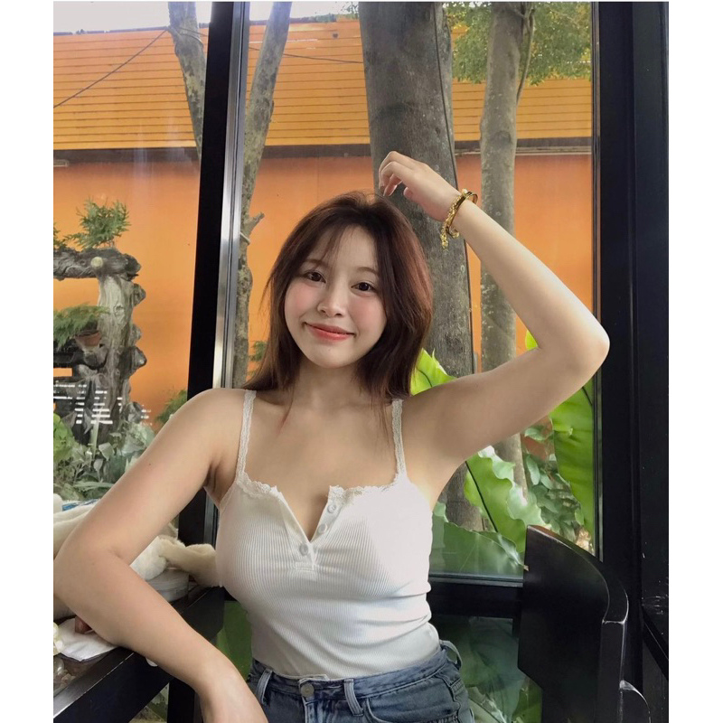 Áo hai dây thun gân ren phối khuy nhỏ siêu nữ tính ( Có Bigsize )