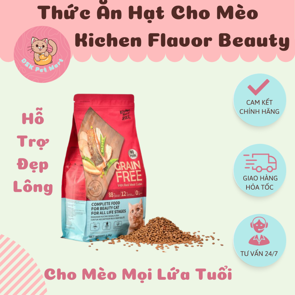 Thức Ăn Hạt Cho Mèo Mọi Lứa Tuổi Hỗ Trợ Đẹp Lông - Kitchen Flavor Beauty Cat | Túi 1.5kg