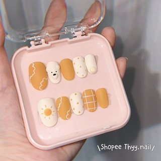 Nailbox móng giả thiết kế màu cam vẽ gấu nổi nhám, phong cách Hàn Quốc Thyy.nail