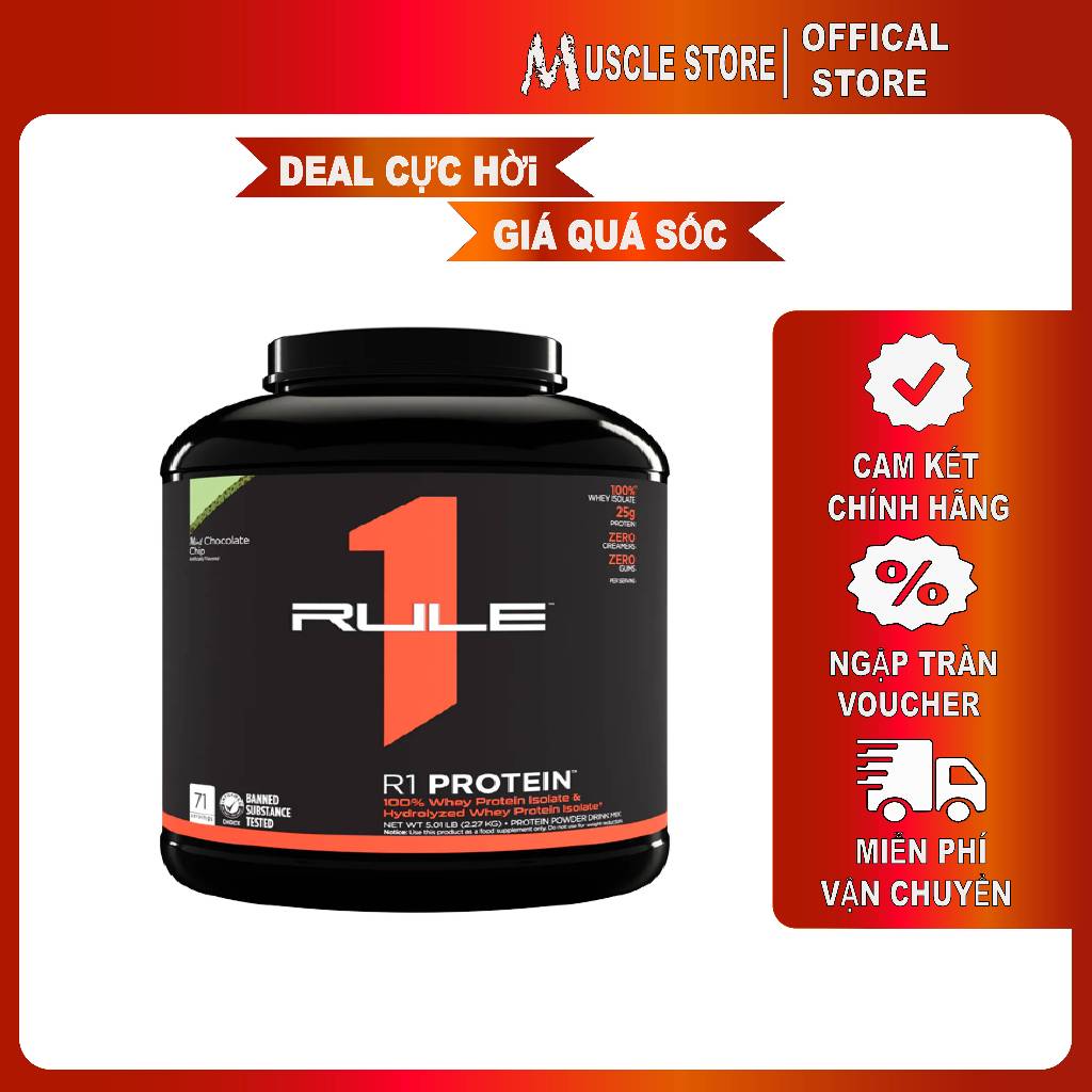 Rule 1 Whey Protein Isolate và Hydrolyzed (2.3Kg/72Liều) Hỗ Trợ Tăng Cơ, Giảm Mỡ, 25g Protein, 6g BCAA