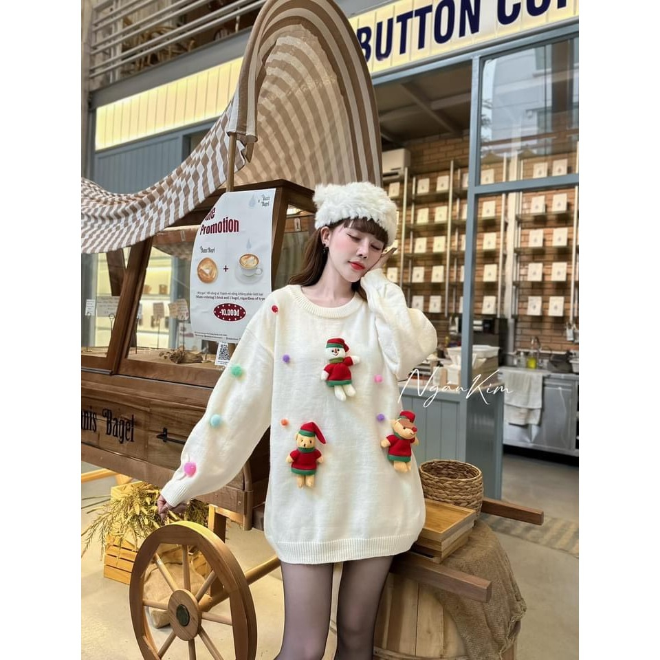 Áo Len Sweater Cổ Tròn, Form Rộng Đính Hình Noel Nổi Siêu Cute 3 Màu, Chất LEn Dày Dặn, Mềm Mịn, Ấm Áp