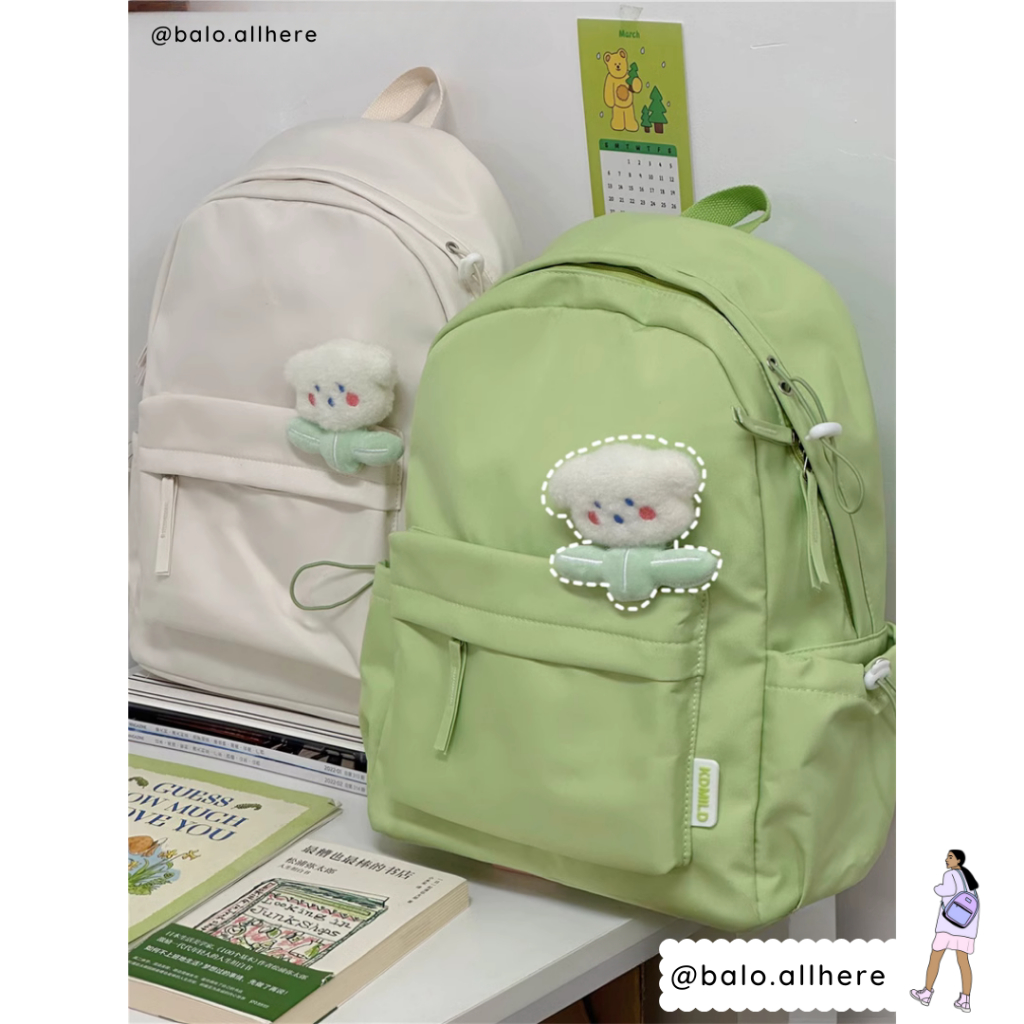 Balo Đi Học Cặp Sách Nam Nữ Basic Kèm Ghim Bông