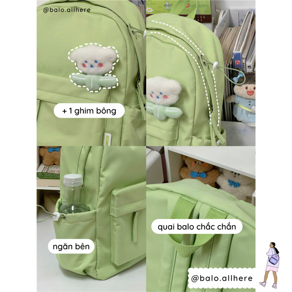 Balo Đi Học Cặp Sách Nam Nữ Basic Kèm Ghim Bông