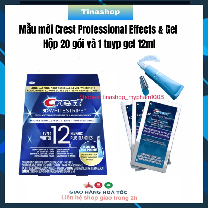 1 hộp Dán trắng răng Crest Professional Effects hộp 20 gói 40 miếng và 1 tuyp gel làm trắng