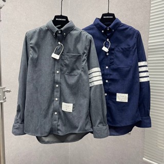 Áo sơ mi nhung tăm nam nữ dài tay thêu 4 sọc trắng tay logo chữ bụng vạch sọc gáy dày dặn boy phố SM88P