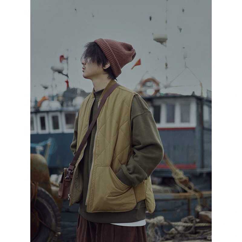 Áo khoác phao gile quả trám zipper trần bông màu nâu / đen retro Ulzzang hiphop unisex siêu chất