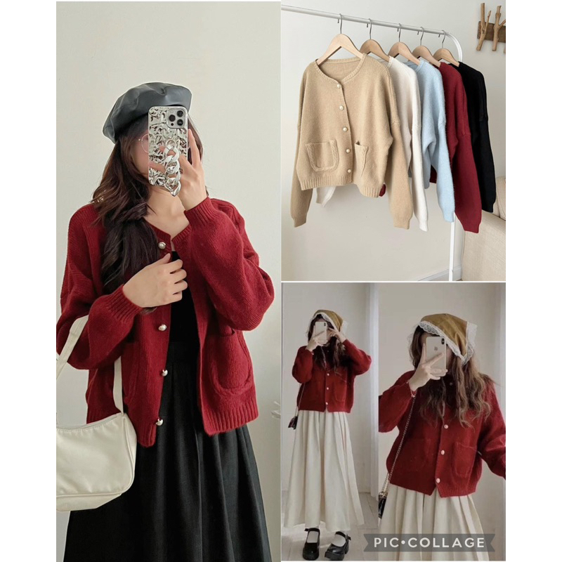 Áo len đỏ cardigan cúc ngọc Giáng sinh siêu hot