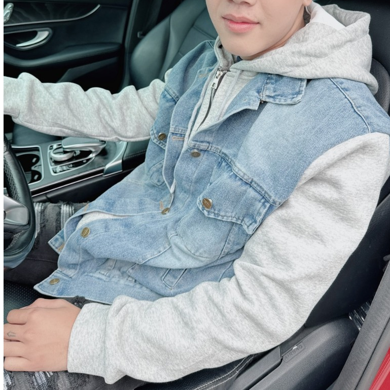 Áo Khoác Nam Phối Nỉ Kéo Khoá In Ở Mũ Màu Xanh Thời Trang Nam Kiểu Dáng Khoác Ngoài