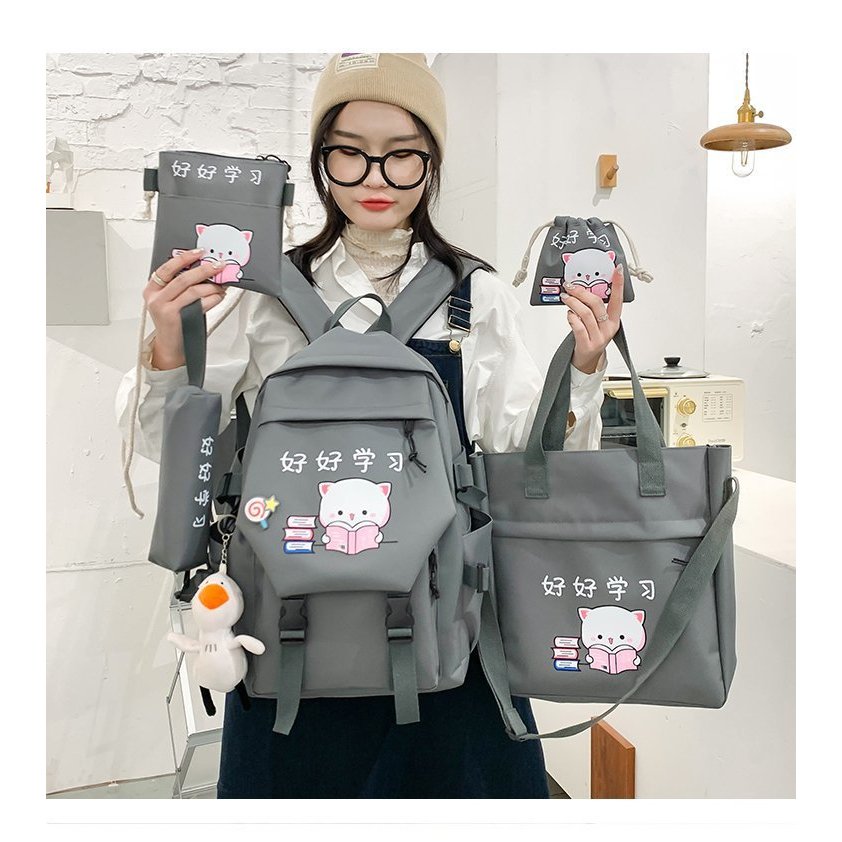 Set balo 4 món MÈO ĐỌC SÁCH size lớn mang đi chơi, đi học