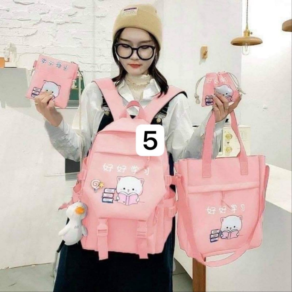 Set balo 4 món MÈO ĐỌC SÁCH size lớn mang đi chơi, đi học