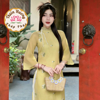  Set áo dài cách tân 2024 lụa voan thêu hoa nhí Áo dài tết cổ tàu đính cúc bọc Áo dài cách tân tay lỡ xẻ 4 tà Duyên dáng 