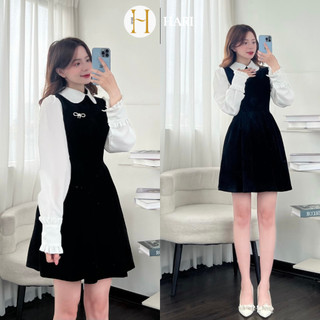 Váy nhung Hari cổ sen tay pha kèm tang nơ đá có may lót quần 179 P0K16
