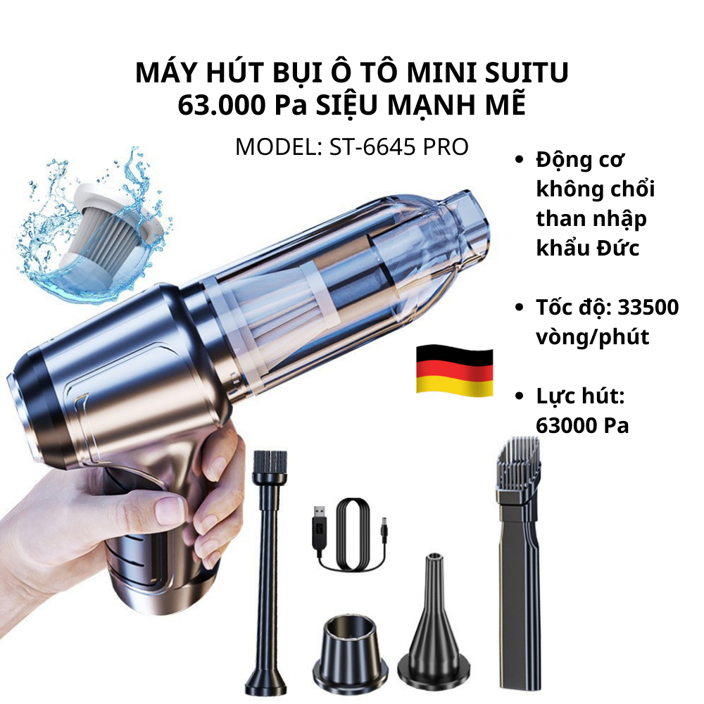 Máy hút bụi mini SUITU Pro. Động cơ không chổi than 63000 Pa lực hút, thổi bụi siêu mạnh mẽ. Hàng chính hãng