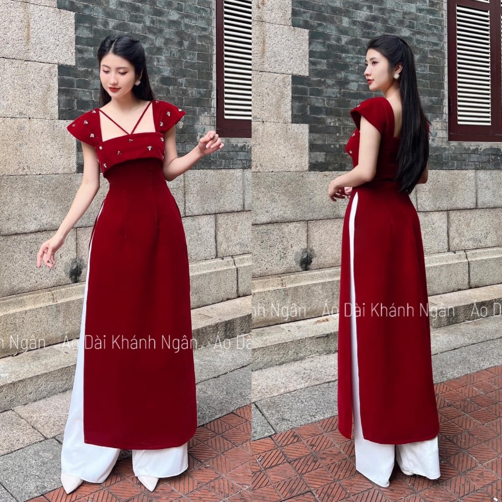 Set bộ đồ nữ áo dài nhung cánh tiên đính cườm cổ yếm xinh mix quần suông với tone màu đỏ - trắng tôn da, tôn dáng