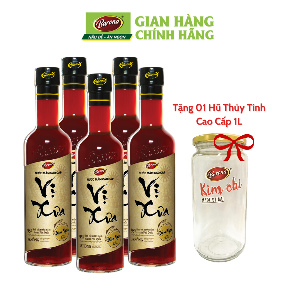 Combo 5 chai Nước Mắm Phú Quốc Cao Cấp Vị Xưa Barona 40 Độ Đạm 500ml, tặng 1 hũ thủy tinh cao cấp 1 lít