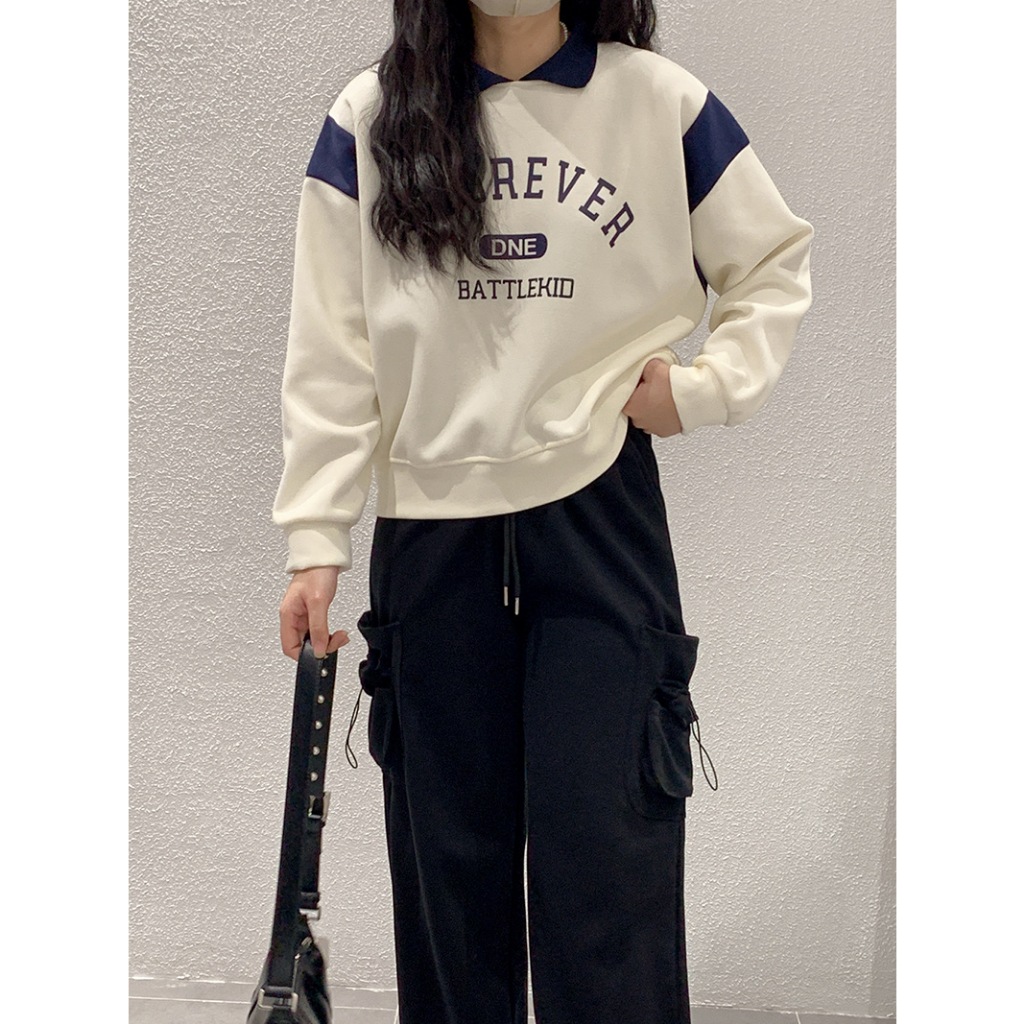 Áo khoác Sweater nỉ nữ Cổ POLO Hàn Quốc Áo nỉ sweater nữ Thêu chữ Dáng rộng Thu Đông Ulzzang Thời trang