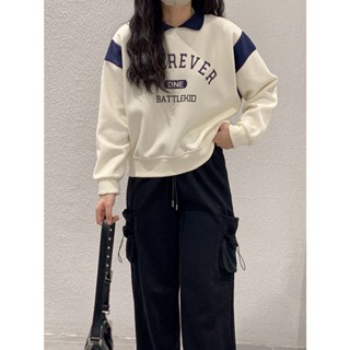 Áo khoác Sweater nỉ nữ Cổ POLO Hàn Quốc Áo nỉ sweater nữ Thêu chữ Dáng rộng Thu Đông Ulzzang Thời trang