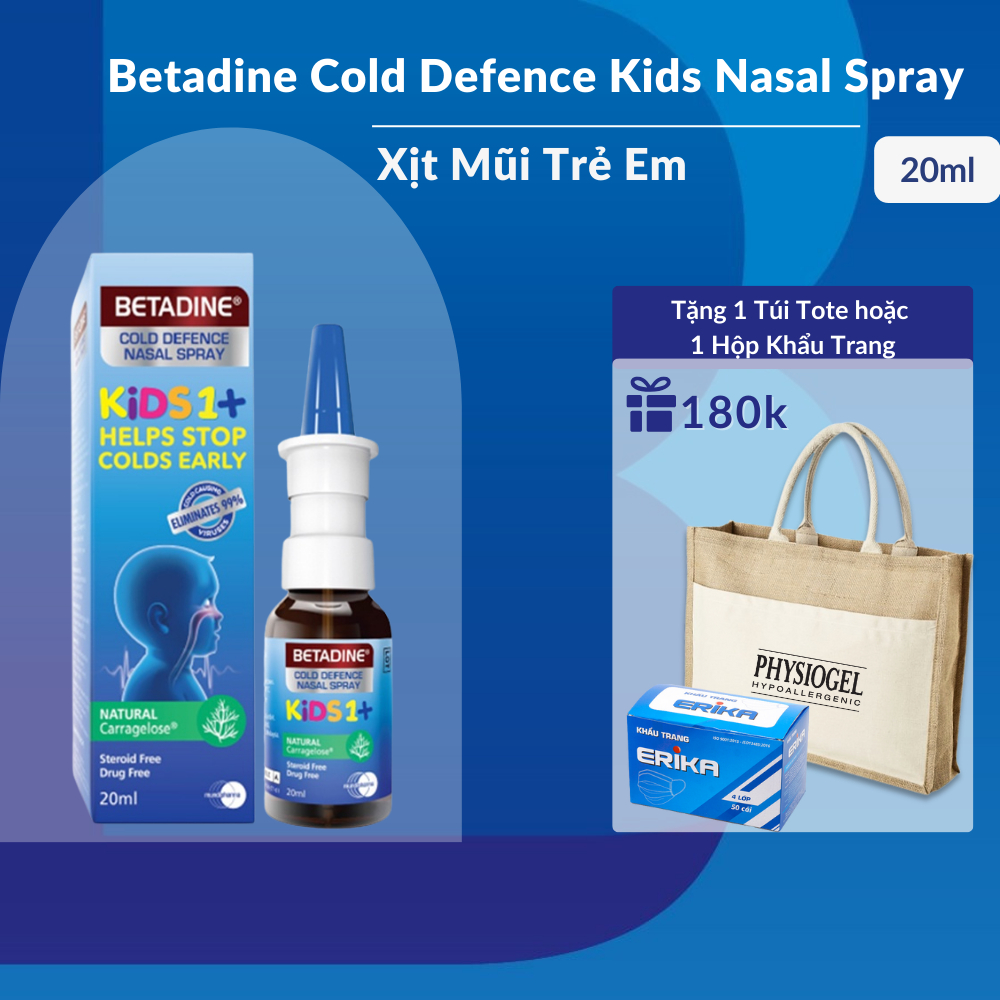 Xịt Mũi Cho Bé Betadine Kids 1+ Nasal Spray 20ml, Giúp Phòng Ngừa Cảm Lạnh, Giảm Khô. Giảm Nguy Cơ Tái Phát