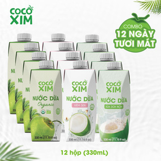 Nước dừa cocoxim combo12 ngày tươi mát - 4 hộp dừa organic+4hộpdừa xiêm sen+4hộp dừa dứa non 330ml/1hộp