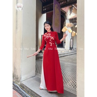 ÁO LỤA MỸ ĐỎ ĐÍNH HOA - E33