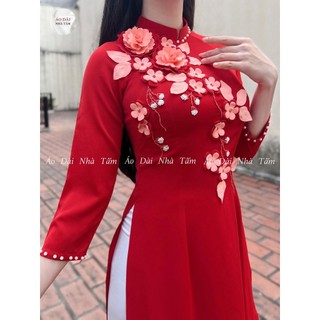 ÁO LỤA MỸ ĐỎ ĐÍNH HOA - E33