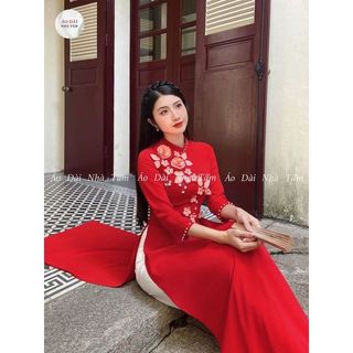 ÁO LỤA MỸ ĐỎ ĐÍNH HOA - E33