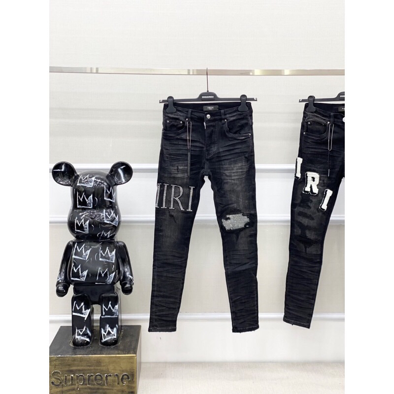 ⚡️[Hight Quality] Hàng Có Sẵn Quần Jeans Amiri Đen Chữ Đùi - Họa Tiết Đính Đá Lấp Lánh Was Rách Hàng