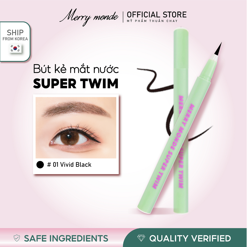 Bút kẻ mắt nước lâu trôi Hàn Quốc Super Twim Merry Monde thuần chay, nét mảnh, cây Eyeliner kẻ mi mắt dưới có nhiều màu.