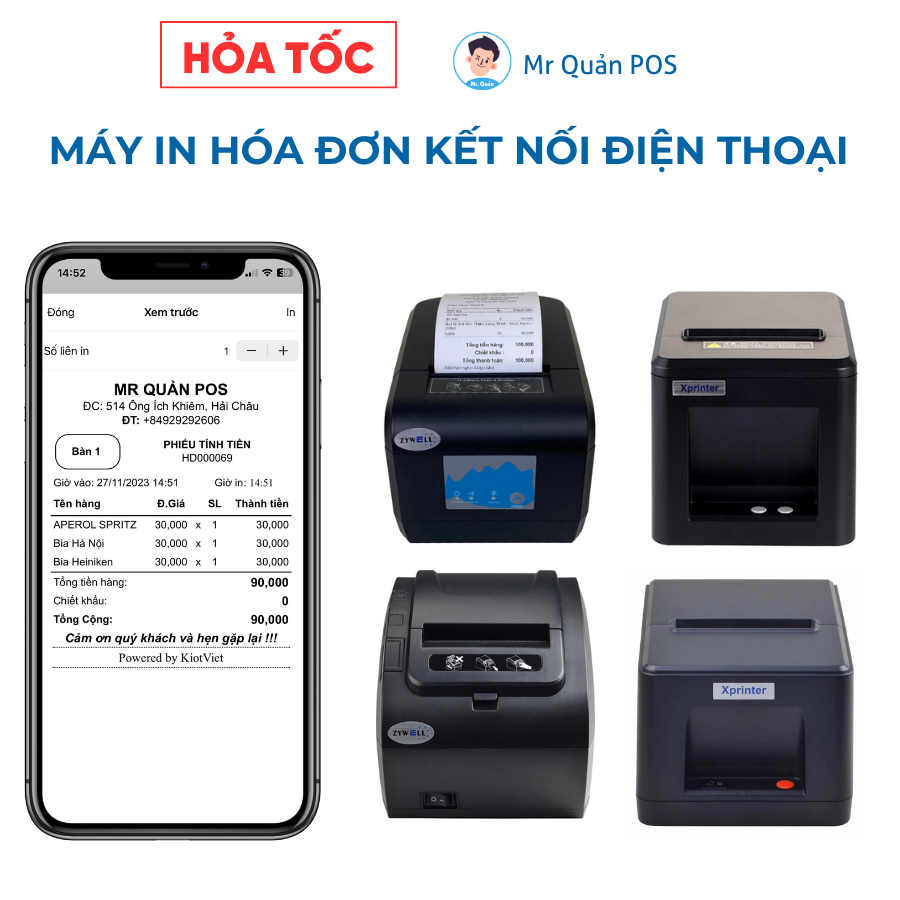 Máy in hóa đơn kết nối điện thoại, in hóa đơn trên HĐH IOS, Android dùng với mọi app bán hàng