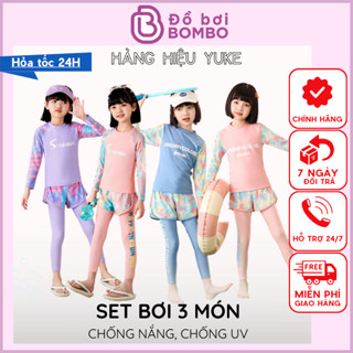 Đồ bơi bé gái dài tay quần dài SET Bơi 3 Món kín đáo chống nắng cho bé gái từ 12kg đến 38kg