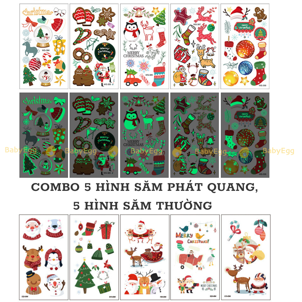 Sticker hình xăm Noel Dạ quang Phát sáng Hoạ tiết Giáng sinh đáng yêu cho bé, HÌNH XĂM chủ đề lễ hội hóa trang