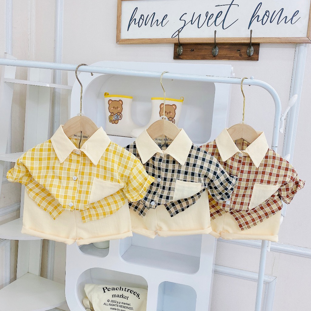 Bộ Hè Cho Bé  6-25kg💖Đồ bộ cộc tay Chất Đũi cao cấp không nhăn cho bé trai bé gái với họa tiết Caro dễ thương cho bé